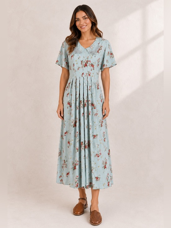 SMW Style My Way Dresses & Skirts - Vintage 90s SMW Style My Way seafoam blue Floral Dress Small Rayon Cottagecore